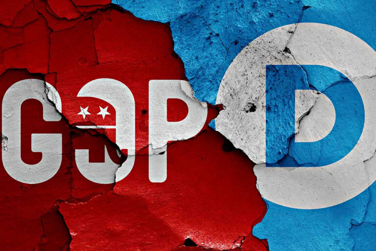Red GOP logo and blue Democrat logo on cracked wall.