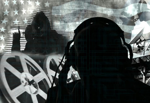 Abstract collage with technology, film reels, American flag, shadows.