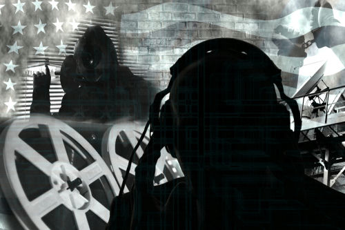 Abstract collage with technology, film reels, American flag, shadows.