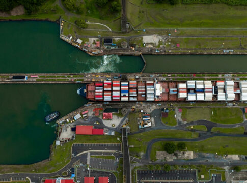 Aerial view of a ship in a canal lock