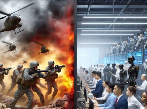A split image showing soldiers in a battlefield on one side and people working with robots on the other