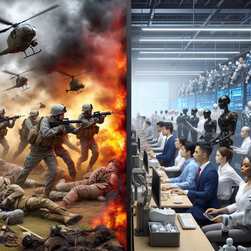 A split image showing soldiers in a battlefield on one side and people working with robots on the other