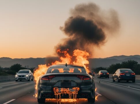 A car on fire driving on a highway at sunset
