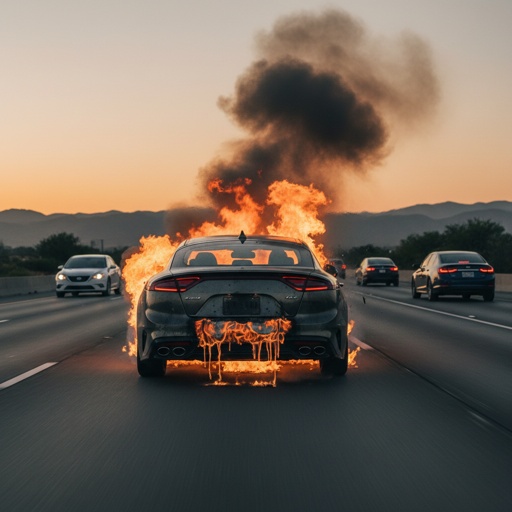 A car on fire driving on a highway at sunset