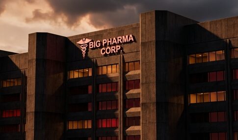 Exterior view of a corporate pharmaceutical building at dusk