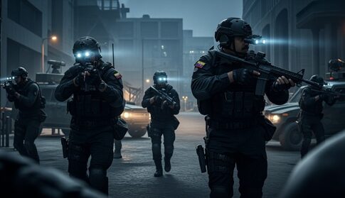 Tactical law enforcement team in an urban setting during a night operation