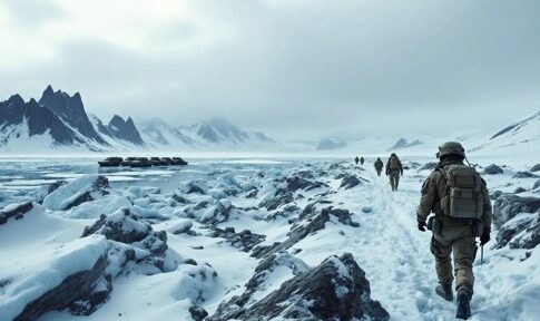 Soldiers walking on a snowy path in an arctic landscape
