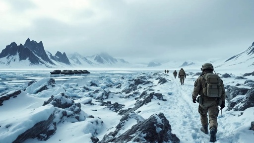 Soldiers walking on a snowy path in an arctic landscape