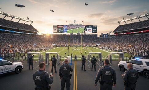 Police officers standing in front of a packed football stadium during sunset