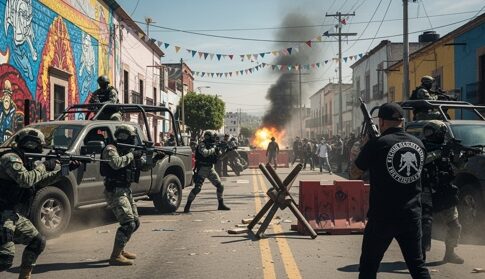 A chaotic urban scene with armed soldiers and an explosion in the background