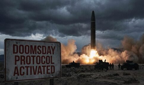 A missile launching with a sign indicating 'Doomsday Protocol Activated' in the foreground
