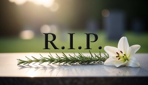 A gravestone with the letters R.I.P. and a white lily flower
