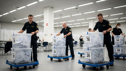 Election officials transporting ballot boxes in a counting facility