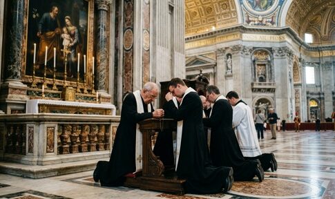 Clergy members kneeling in prayer inside a grand cathedral