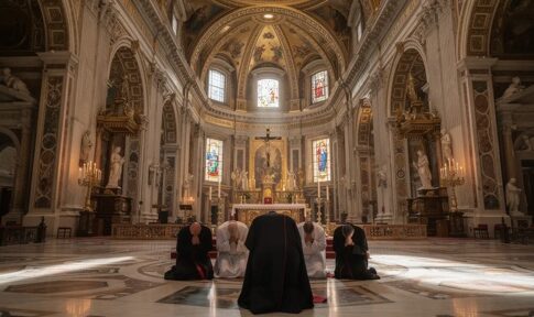 Individuals kneeling in prayer inside a grand cathedral