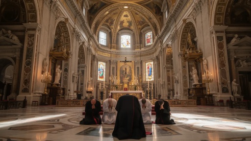 Individuals kneeling in prayer inside a grand cathedral
