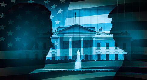 Silhouettes of two figures in front of the White House with an American flag overlay