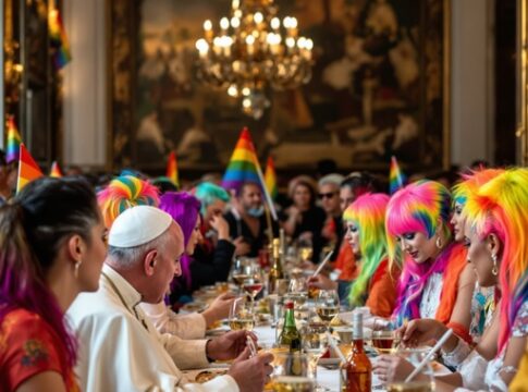 A diverse group of people at a dinner table wearing rainbow wigs and hats