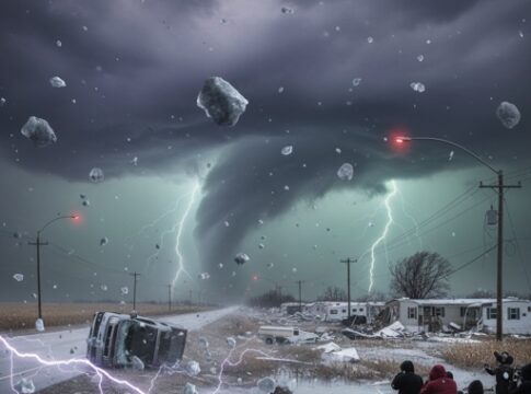 A tornado with lightning strikes and debris in a stormy landscape