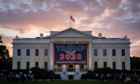 The White House facade at dusk with a large campaign banner