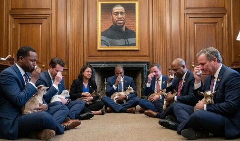 Politicians sitting on the floor holding goats in a solemn gathering