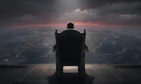 A figure sitting on a throne overlooking the earth from a high vantage point