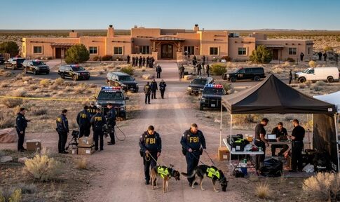 FBI agents conducting an operation at a desert location with vehicles and tents
