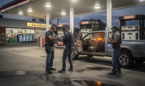 Police officers conducting an operation at a gas station at night