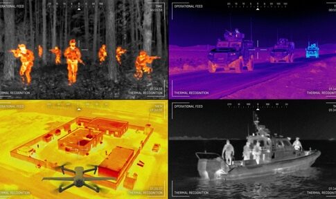 Thermal images showing military personnel and vehicles in various environments