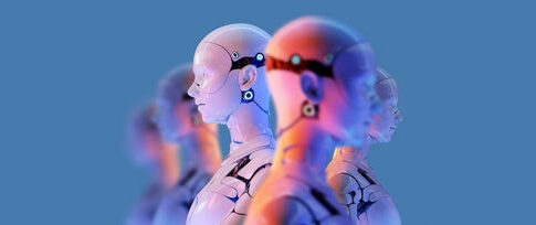 Row of humanoid robots in profile with neon lighting against a blue background