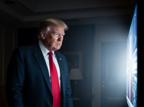 A man in a suit and red tie watching a television screen in a dimly lit room
