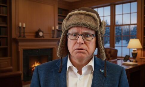 A man in a fur hat with a surprised expression in a cozy room