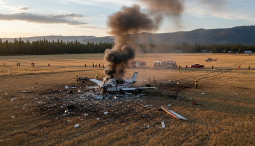 A crashed airplane emitting smoke with emergency responders on site